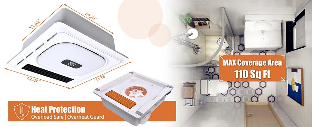 4-in-1 Bathroom Exhaust Fan with Bluetooth Speaker 1800W Heater 180 CFM Quiet Ventilation Easy Install for Home