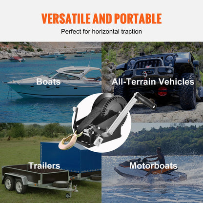 Hand Winch for Boat Trailer Winch Heavy Duty Rope Crank Polyester Strap & Two-Way Ratchet Manual Operated Hand Crank Winch