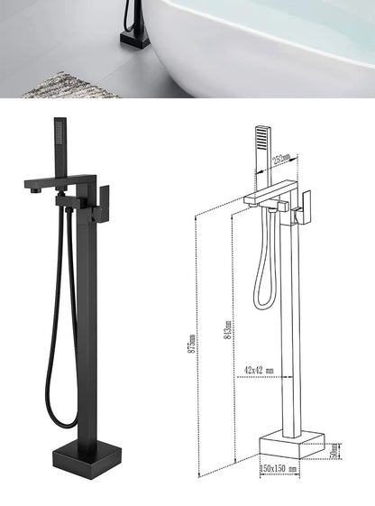 Matte Black Square Bathtub Shower Faucets Floor Standing Faucet Hot Cold Water Shower Mixer Tap Bathroom Waterfall Mixer