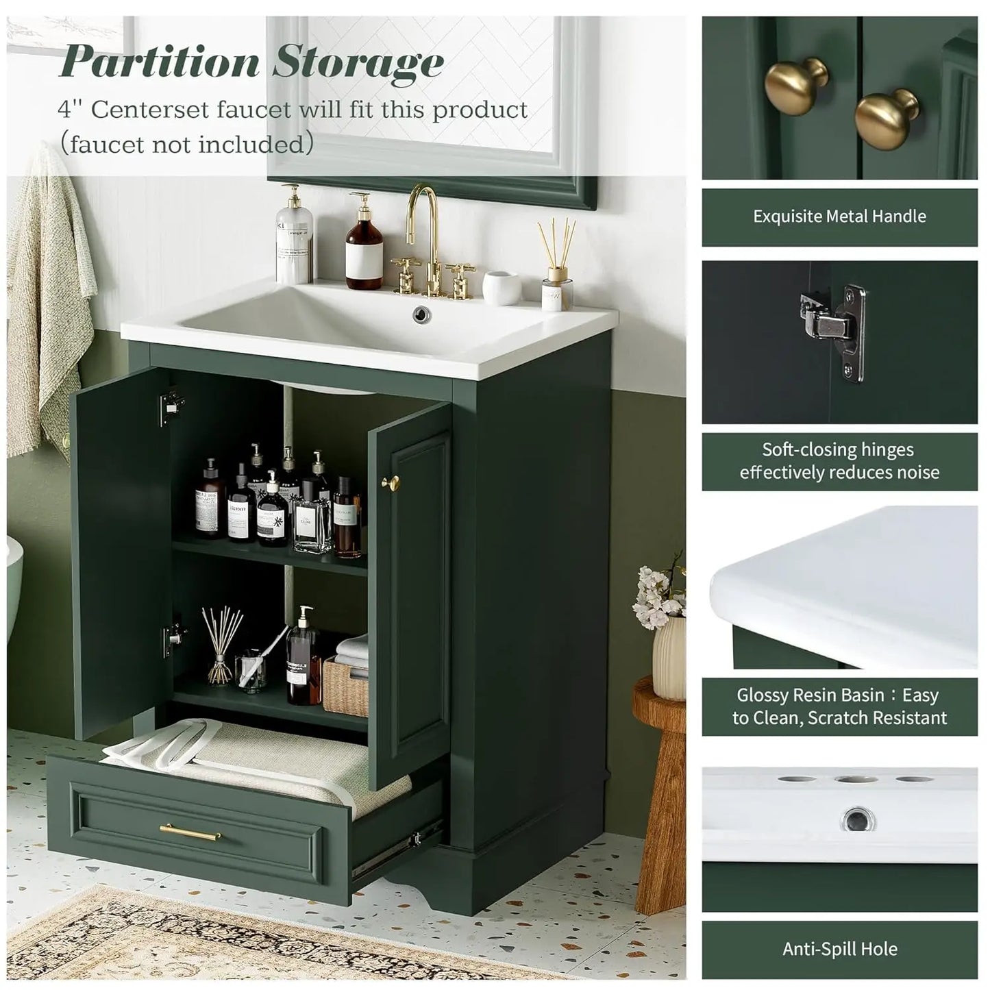 24in Wood Bathroom Vanity Cabinet Ceramic Sink