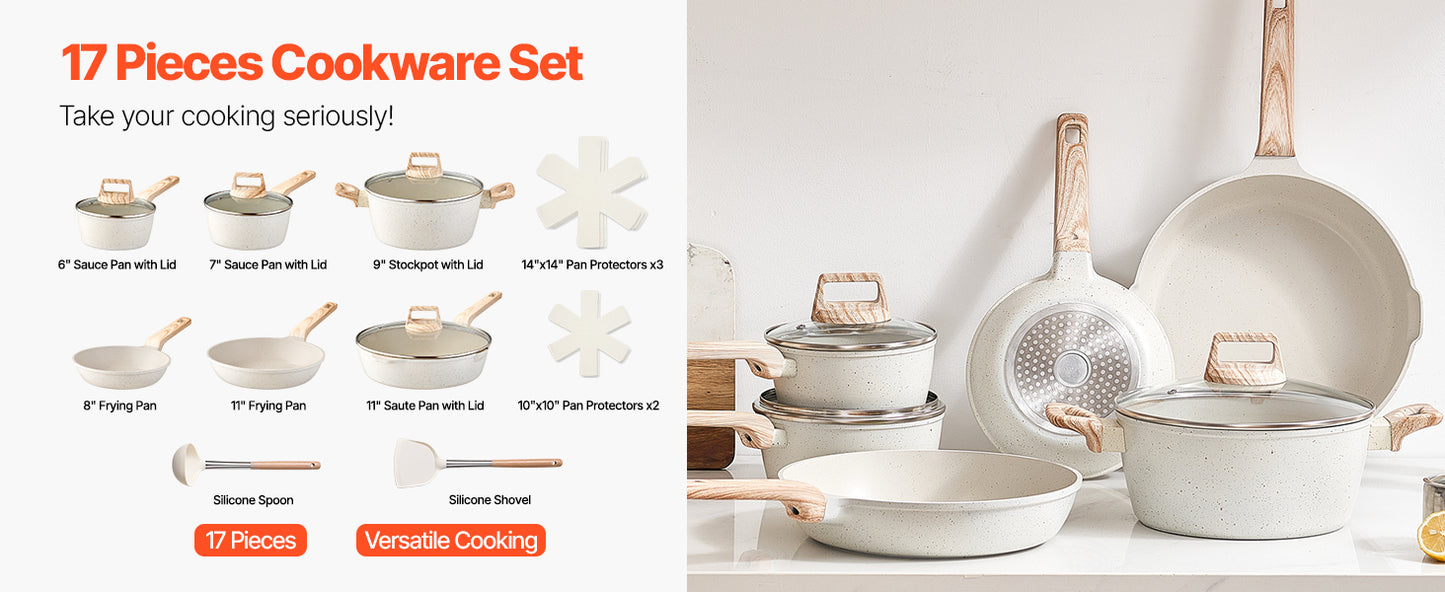 17=Piece Pots and Pans Set Nonstick Granite