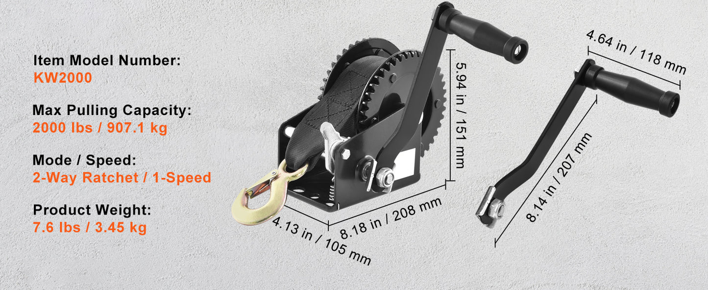 Hand Winch for Boat Trailer Winch Heavy Duty Rope Crank Polyester Strap & Two-Way Ratchet Manual Operated Hand Crank Winch