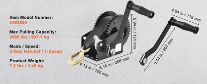 Hand Winch for Boat Trailer Winch Heavy Duty Rope Crank Polyester Strap & Two-Way Ratchet Manual Operated Hand Crank Winch