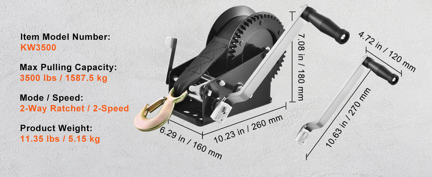 Hand Winch for Boat Trailer Winch Heavy Duty Rope Crank Polyester Strap & Two-Way Ratchet Manual Operated Hand Crank Winch