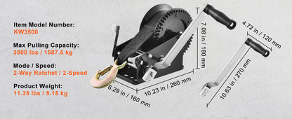 Hand Winch for Boat Trailer Winch Heavy Duty Rope Crank Polyester Strap & Two-Way Ratchet Manual Operated Hand Crank Winch