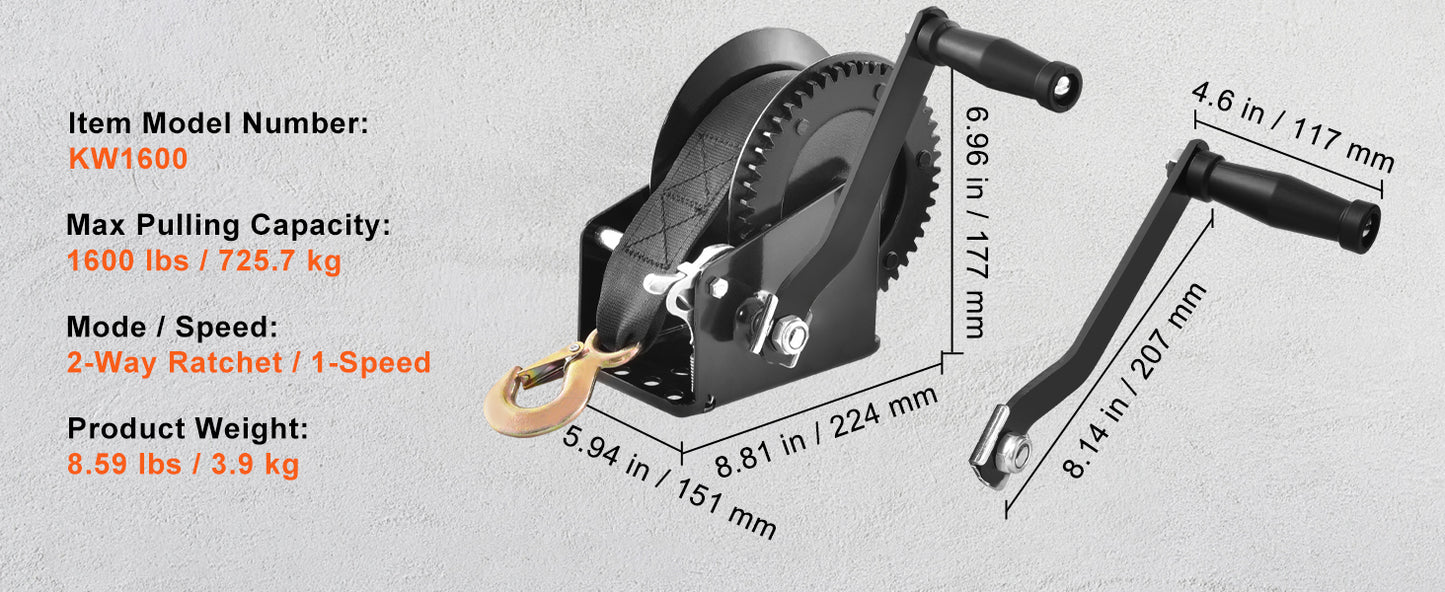 Hand Winch for Boat Trailer Winch Heavy Duty Rope Crank Polyester Strap & Two-Way Ratchet Manual Operated Hand Crank Winch