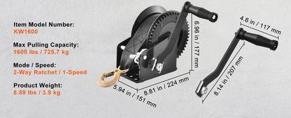 Hand Winch for Boat Trailer Winch Heavy Duty Rope Crank Polyester Strap & Two-Way Ratchet Manual Operated Hand Crank Winch
