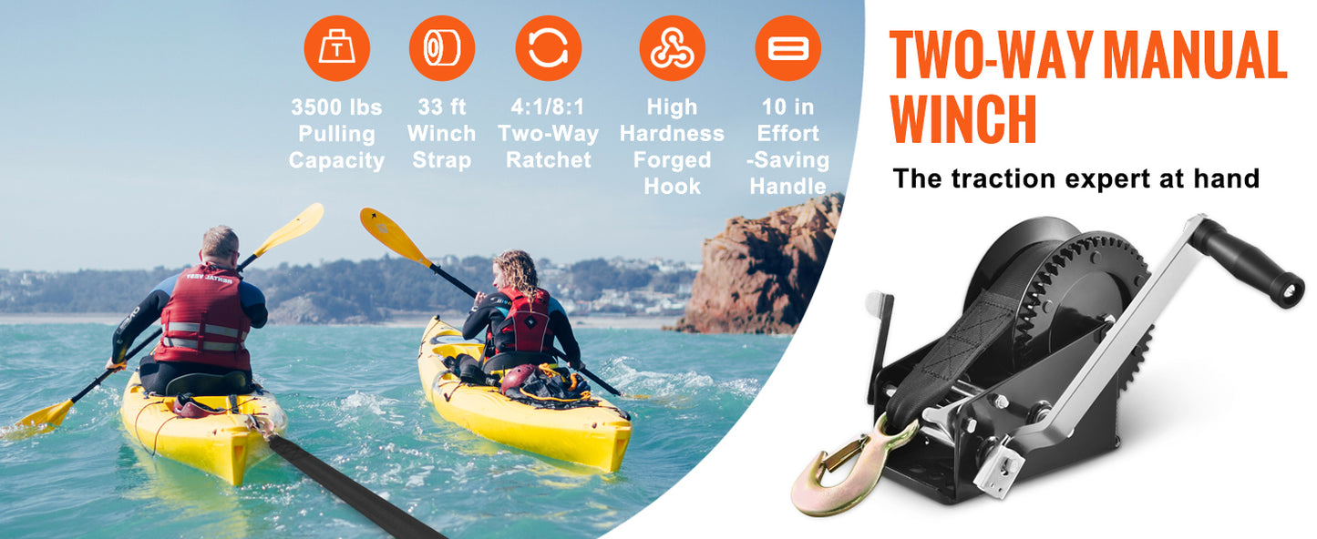 Hand Winch for Boat Trailer Winch Heavy Duty Rope Crank Polyester Strap & Two-Way Ratchet Manual Operated Hand Crank Winch