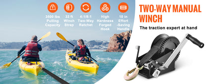 Hand Winch for Boat Trailer Winch Heavy Duty Rope Crank Polyester Strap & Two-Way Ratchet Manual Operated Hand Crank Winch